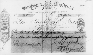 Cheque for the mineral rights in Southern Rhodesia
